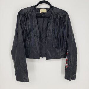 Judith March Faux Leather Fringe Trim Jacket L Rhinestone Snake Black Red